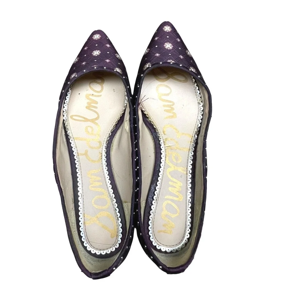 Sam Edelman Women Purple Pointed Toe Flats Size 6.5 Jacquard Studded Floral - Picture 11 of 13